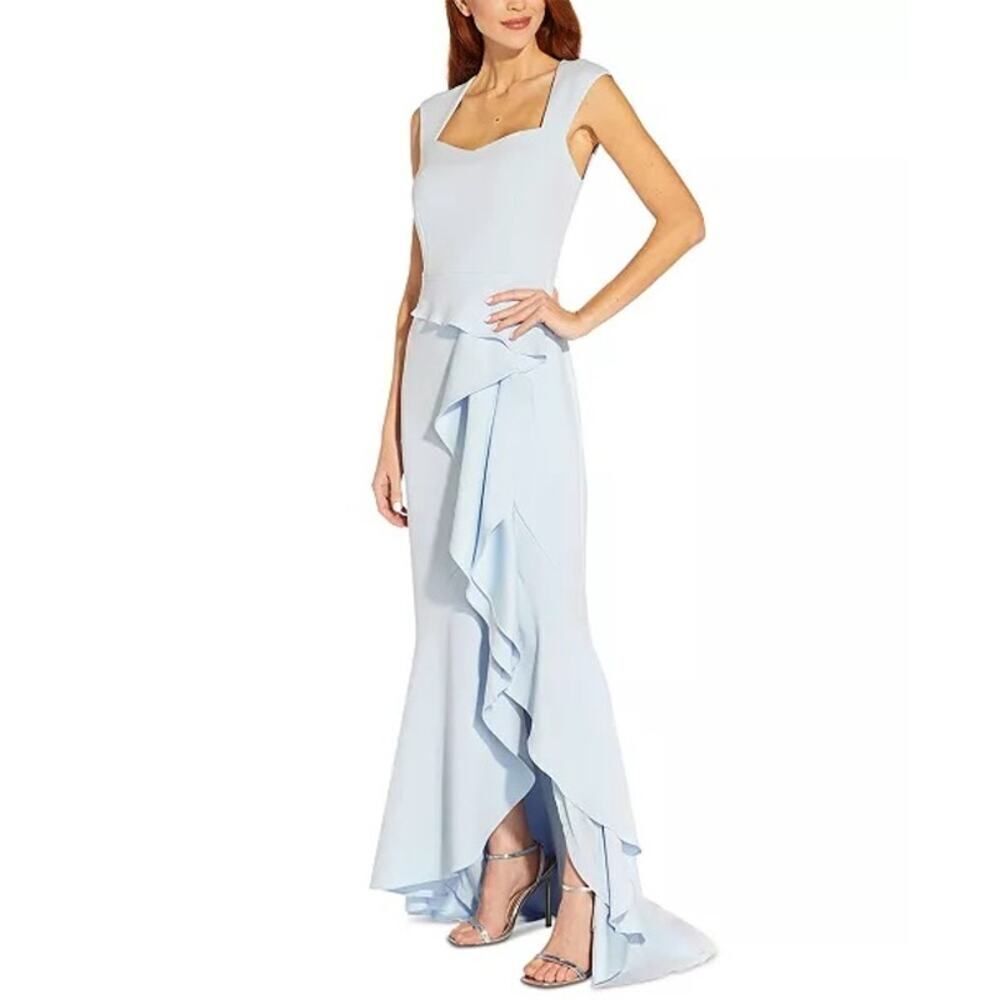 Adrianna Papell Maxi Gown Women's 10 Light Blue Ruffled Back-Cutout Sweetheart